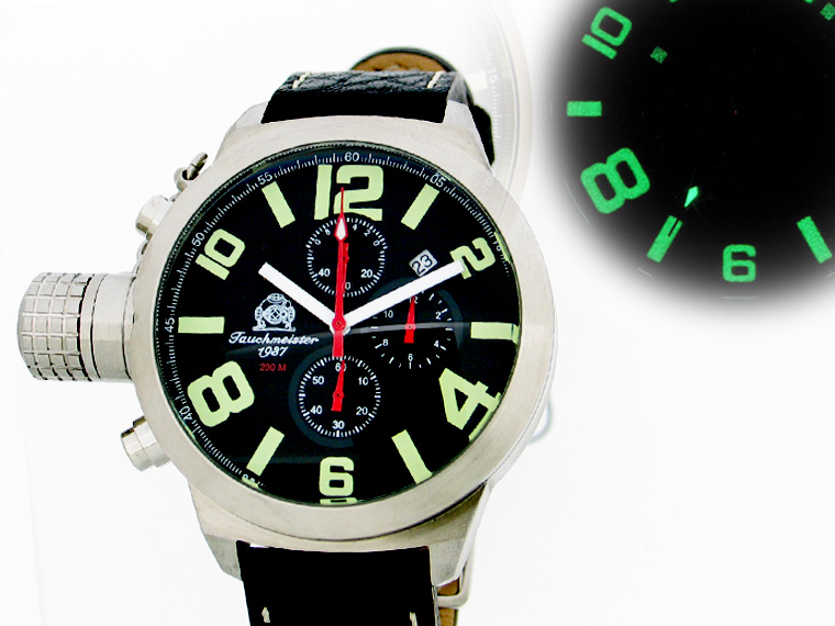 2.WW German U-Boot Chronograph 3-eyes 1/20SEC heavy!!! crown protecting system black T0138A