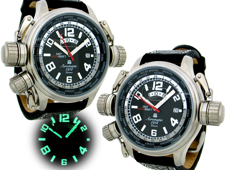 XXL-Pilot DEFENDER "World-Tour" GMT black with crown protection system A1298