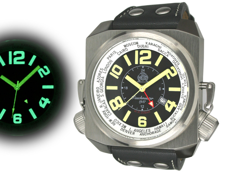 2.WW German U-Boot DATE SWISS-GMT heavy!!! HORIZONTAL crown protecting system T0210